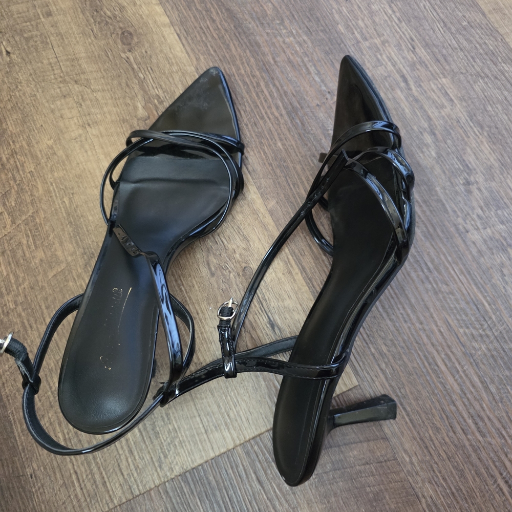 Black Patent Strappy Pointed-Toe Heels